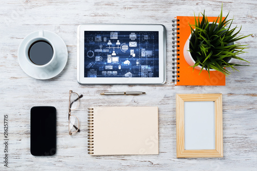 Business still life concept with office stuff on wooden table