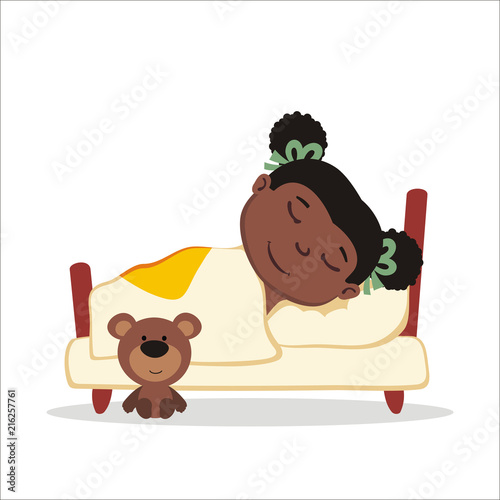 Vector illustration of little girl sleeping in bed шт cartoon style.