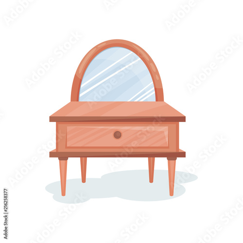 Wooden dressing table with mirror, interior design element vector Illustration on a white background