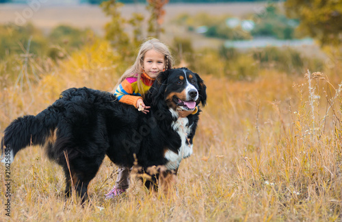 girl hugs a dog, on a walk with her four-legged friend on the autumn fields