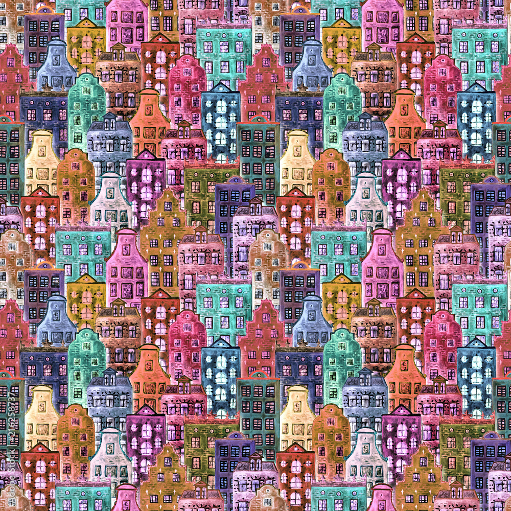 Obraz premium Seamless pattern of watercolor old europe houses