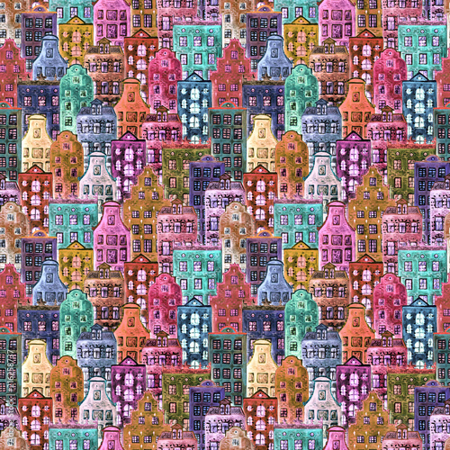 Seamless pattern of watercolor old europe houses
