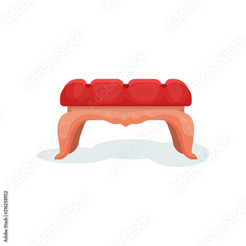Wooden bench with red velvet upholstery, interior design element vector Illustration on a white background