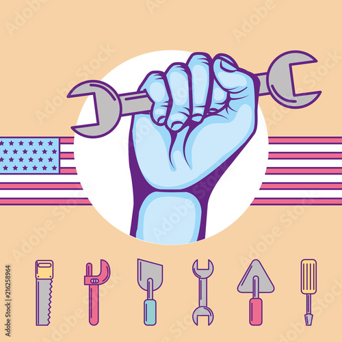 hand holds wrench tools american flag vector illustration
