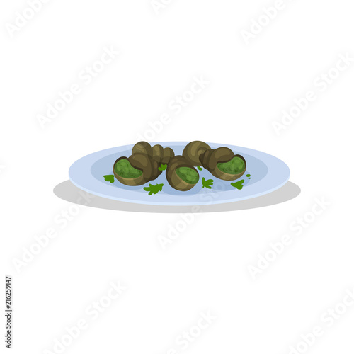 Escargot, delicious dish of French cuisine vector Illustration on a white background