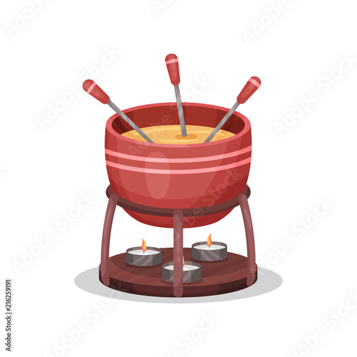 Cheese fondue, delicious dish of French cuisine vector Illustration on a white background