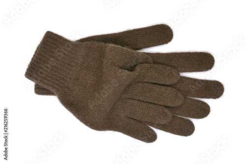  Warm brown woollen gloves isolated on white background