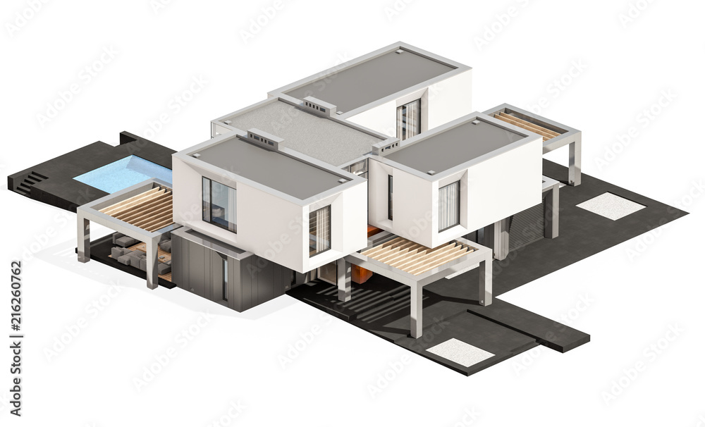 3d rendering of modern cozy house by the river with garage for sale or rent. Isolated on white. 3d rendering of modern cozy house by the river with garage for sale or rent. Isolated on white.
