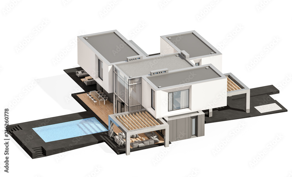3d rendering of modern cozy house by the river with garage for sale or rent. Isolated on white. 3d rendering of modern cozy house by the river with garage for sale or rent. Isolated on white.