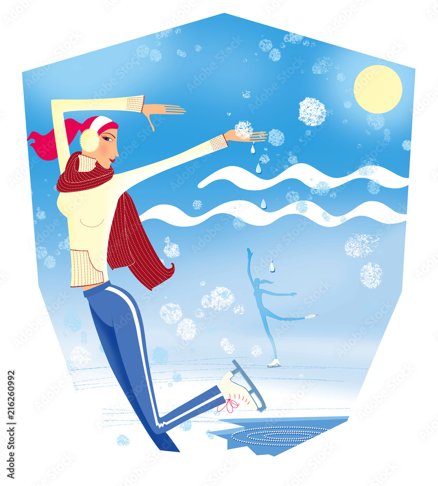 Fototapeta premium Zodiac sports lady. Aquarius. Winter landscape with an ice-hole and the moon. A girl in a yellow sweater and a red scarf skates under the falling snow. In the form of a heraldic shield.