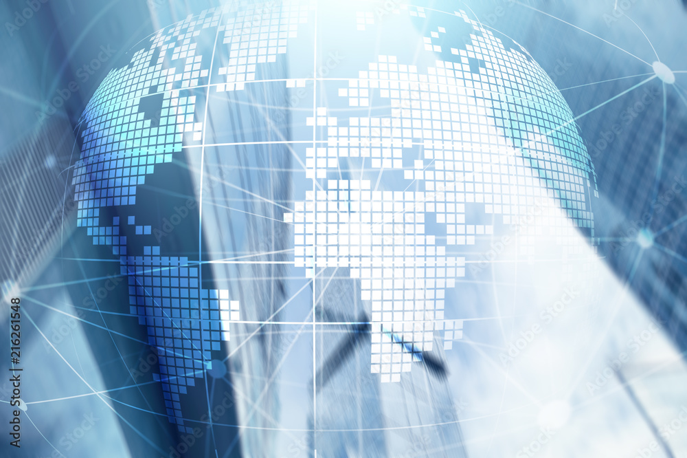 3D Earth hologram on blurred background.Global business and communication concept. 3D Earth hologram on blurred background.Global business and communication concept.