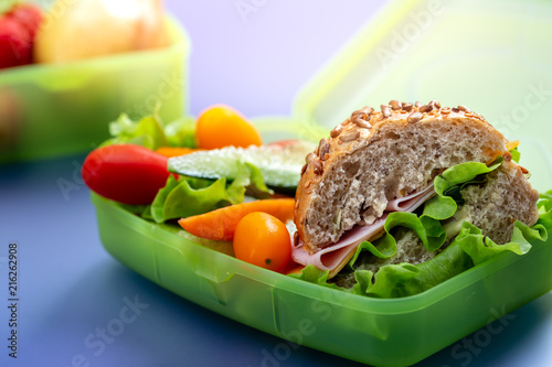 Lunch boxes with fresh healthy second breakfast. photo