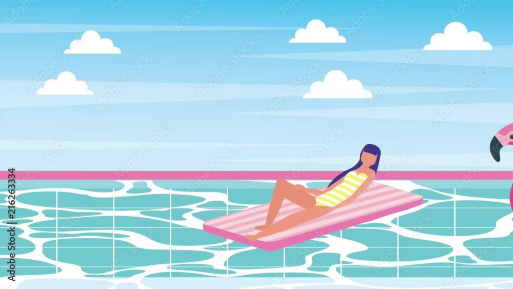 women with flamingo float in the pool summer animation hd