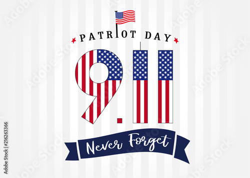 Patriot day USA, Never forget lettering and  9/11 numbers on light stripes banner. Patriot Day, September 11, We will never forget text on light beams background