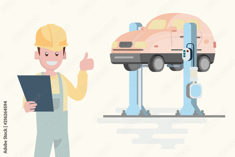 Service and repair of the car. Automechanic on the background of the car on the lift. Vector illustration in cartoon style. Service and repair of the car. Automechanic on the background of the car on the lift. Vector illustration in cartoon style.