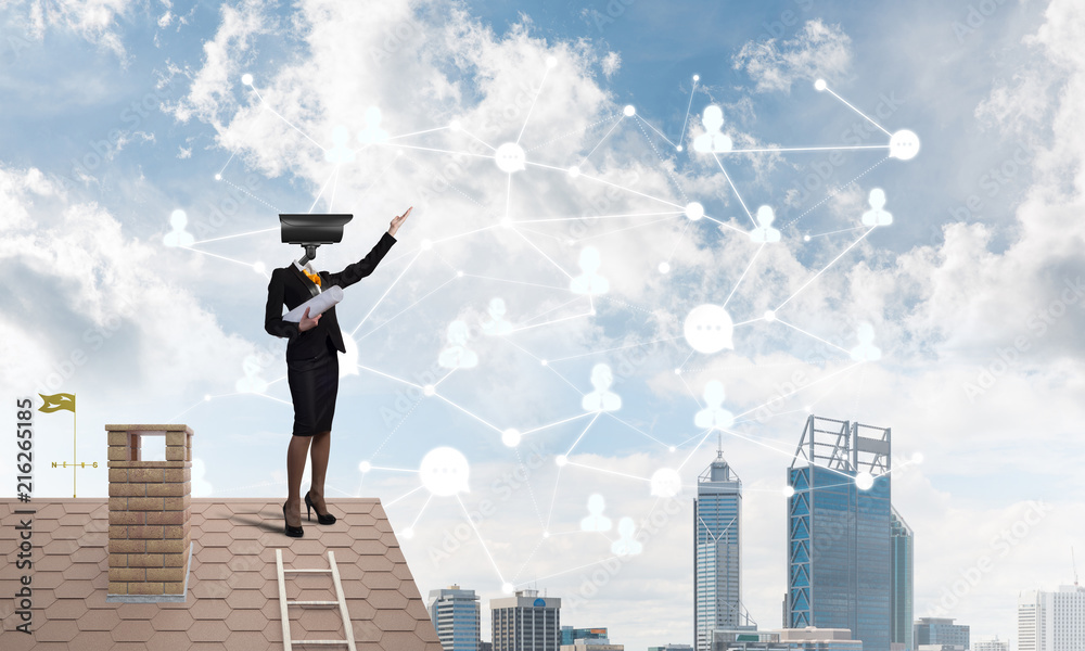 Concept of security and privacy protection with camera headed woman