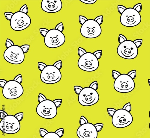 Piglets, seamless pattern, green, vector. White faces of piglets with a black outline on a yellow-green background. Pigs are laughing, different emotions. Vector flat pattern. 