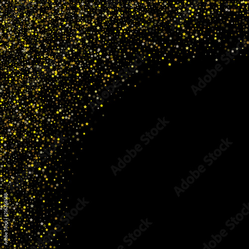 Gold Stars Confetti Cool Christmas Festive Vector Background. Bright Sparkles New Year Birthday Party Frame. Magic Ads Sale Banner Falling Down Gold Stars Pattern. Nice Premium Glitter Holiday Garland