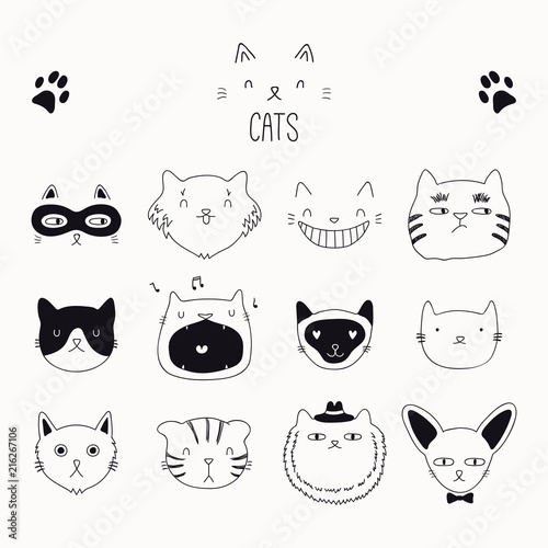 Set of cute funny black and white doodles of different cats faces. Isolated objects. Hand drawn vector illustration. Line drawing. Design concept for poster, t-shirt, fashion print.