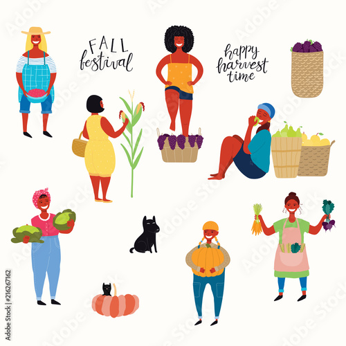 Big harvest set with beautiful women picking berries, pumpkin, vegetables, fruit, stomping grapes, dog, cat. Isolated objects on white background. Hand drawn vector illustration. Flat style design.