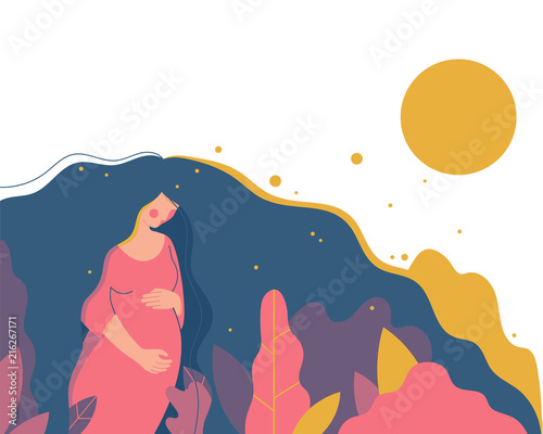 Cute pregnant woman walking. Vector illustration of woman waiting for a baby. Happy mom expecting baby. Pregnancy.