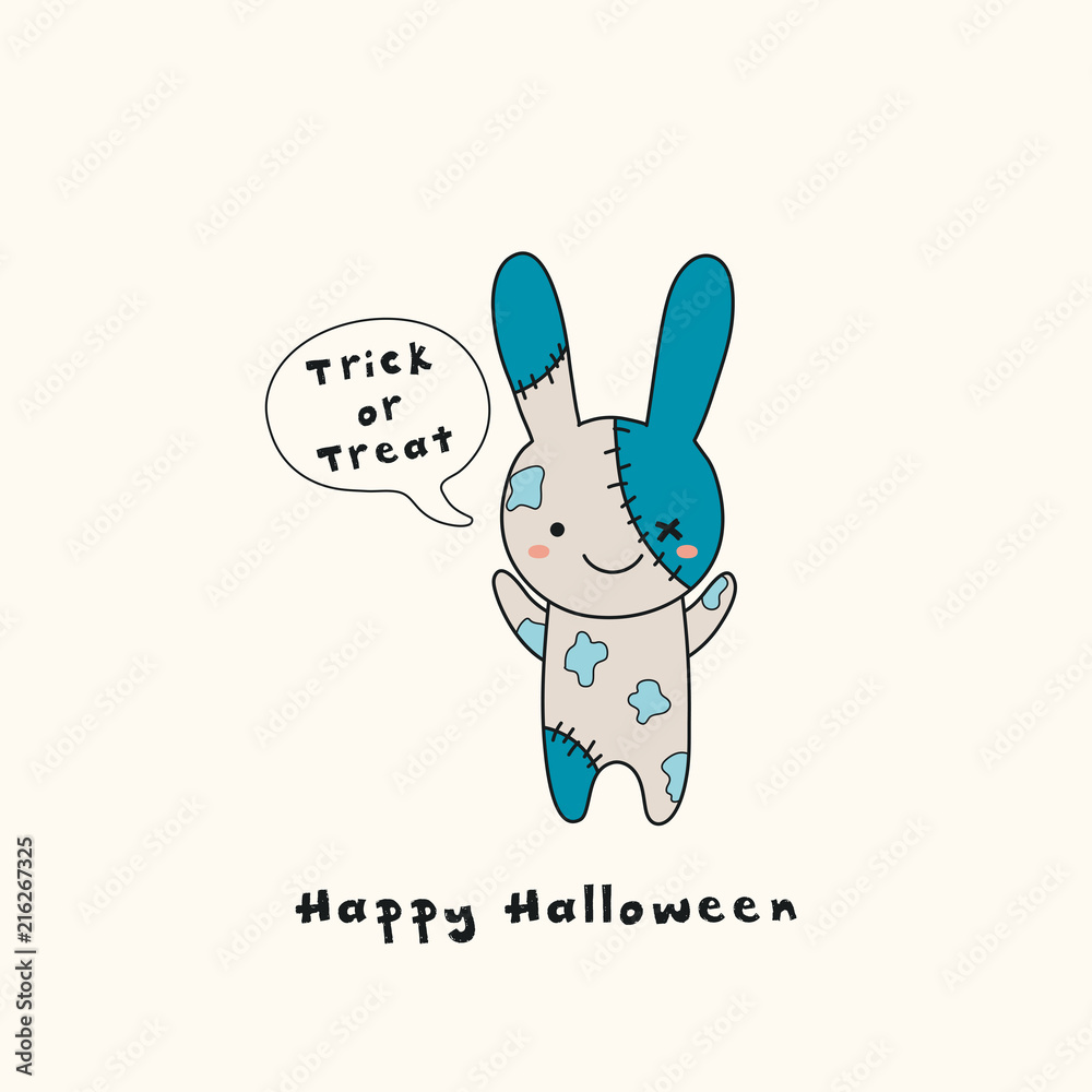 Hand drawn vector illustration of a kawaii funny zombie bunny, with text  Happy Halloween, Trick or treat in a speech bubble. Isolated objects. Line  drawing. Design concept for print, card, invitation. Stock