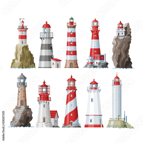 Lighthouse vector beacon lighter beaming path of lighting to ses from seaside coast illustration set of lighthouses isolated on white background photo