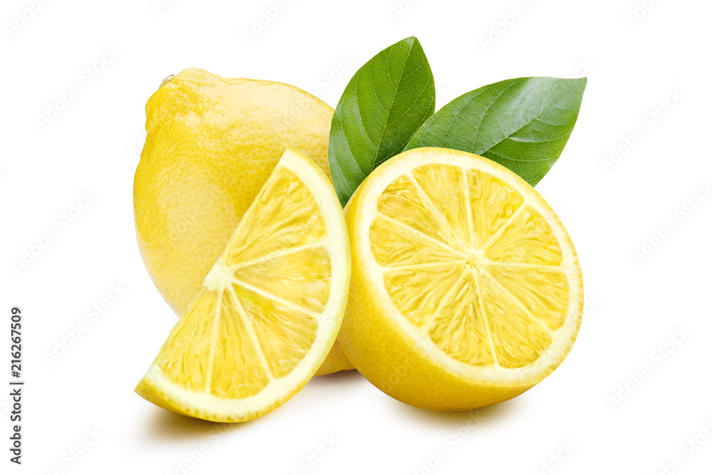 Group of whole and half ripe lemons with leaves, isolated on white background