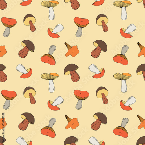Vector seamless pattern of mushrooms. Bright cartoon illustration for greeting card design, fabric and wallpaper.