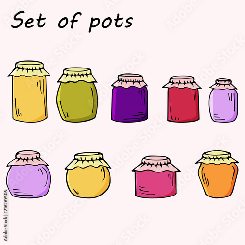 Set of jam pots in cartoon style. Hand drawn bright illustration isolated on white background.