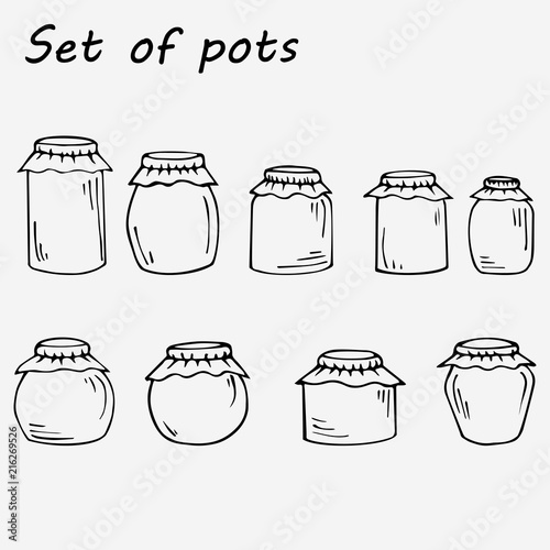 Set of jam pots in cartoon style. Hand drawn illustration isolated on white background.