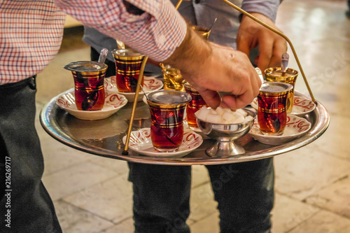 Traditional small cups of Turkish black tea.