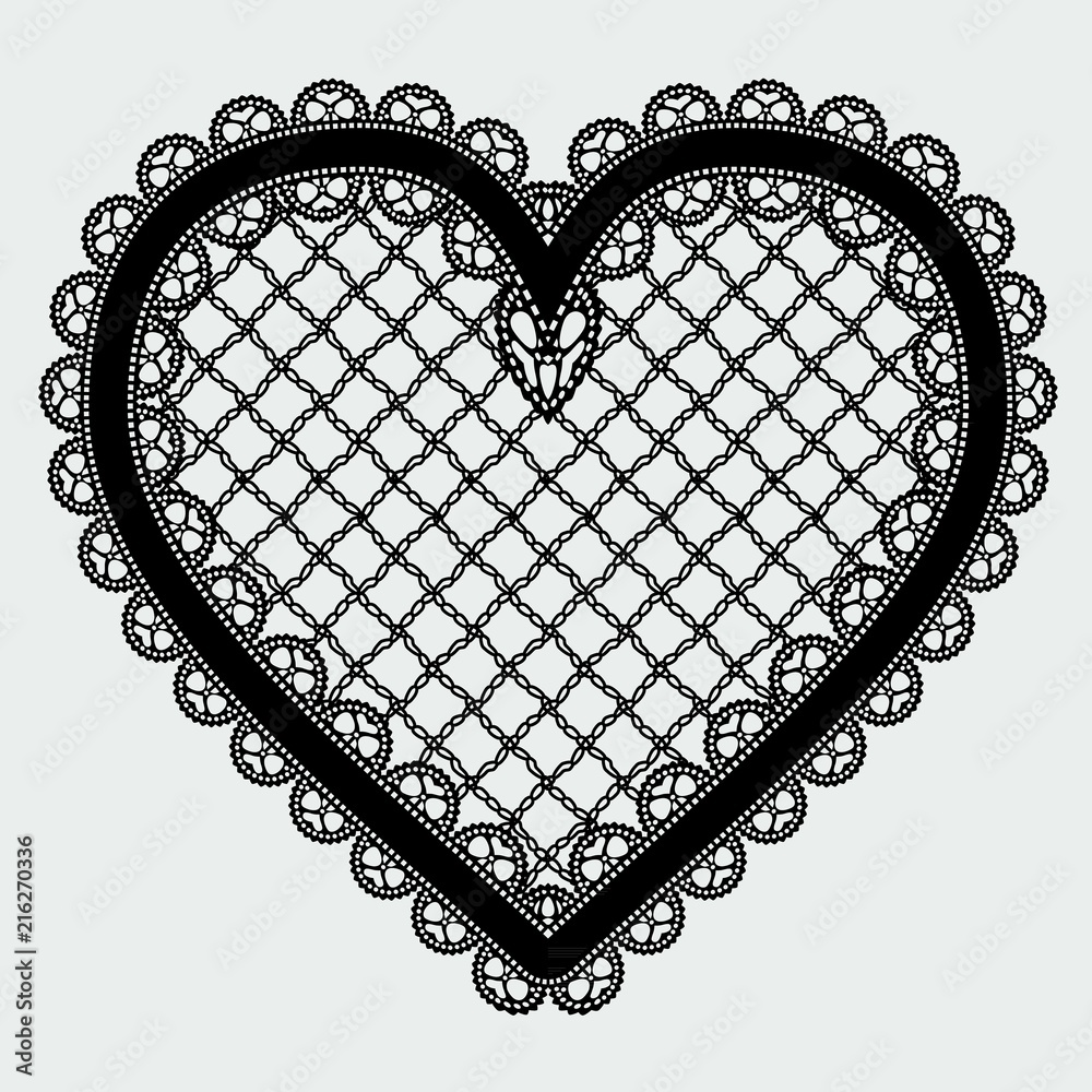 Black lace mesh heart. Feminine luxury element for the design of  invitations, postcards or decoupage. Stock Vector