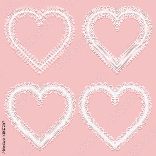 Set of frames of white wide lace ribbons in the shape of a heart.