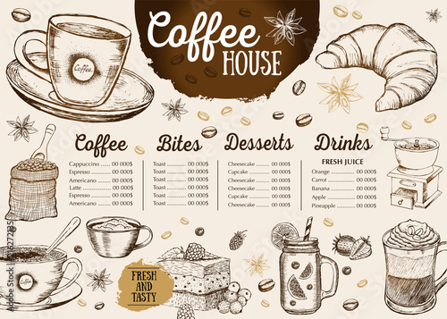 Coffee house menu. Restaurant cafe menu, template design. Food flyer.