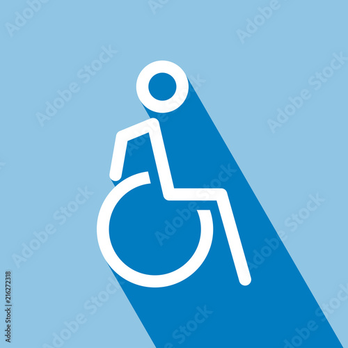 Disabled Wheelchair Icon. Disabled on wheelchair icon, outline vector illustration. Disabled wheelchair icon. Disable symbol logo. Disable Icon with Long Shadow. Disable Icon on blue background.