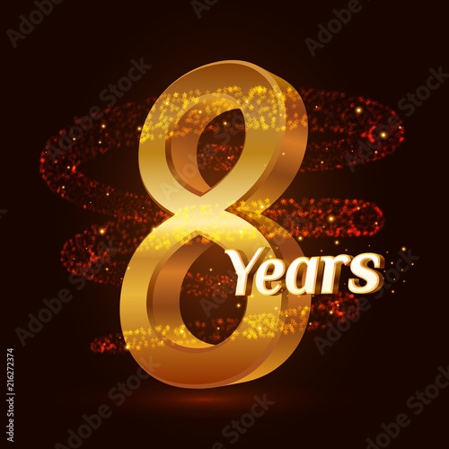 8 years golden anniversary 3d logo celebration with Gold glittering spiral star dust trail sparkling particles. Eight years anniversary modern design elements. Vector Illustration.