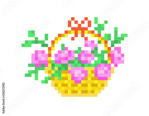 Pink roses in a basket, pixel art isolated on white background. Garden flower bouquet. Romantic floral composition with pink leafy peonies. Valentine's day gift. Wedding decoration. Birthday present.