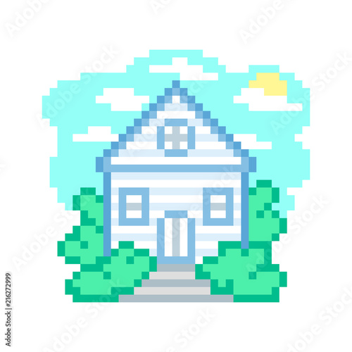 Wooden countryside house scene, pixel art illustration isolated on white background.Summer cottage in a village. Cabin in the forest.Retro old school 8 bit 80s-90s video game graphics.Small townhouse.