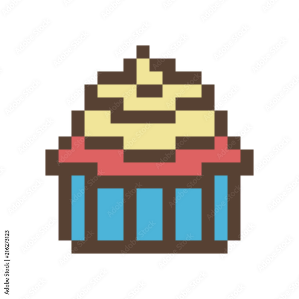Cupcake with cream icing in a baking cup, 16x16 pixel art food icon ...