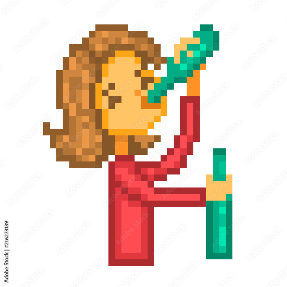 Fototapeta premium Woman drinking two bottles of beer/wine, cartoon pixel art character isolated on white background. Drunk girl. Illustration of alcohol addiction/bad habit. Social problem. Teenager partying at a bar.