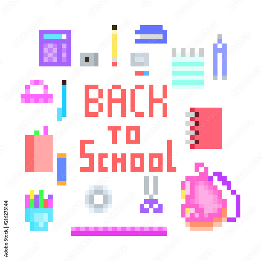 Old school pixel art back to school print with lettering and stationery icons:pen, pencil, sharpener, stapler, calculator, notebook, eraser, glue stick, scissors, backpack, compass, ruler, office tape Old school pixel art back to school print with lettering and stationery icons:pen, pencil, sharpener, stapler, calculator, notebook, eraser, glue stick, scissors, backpack, compass, ruler, office tape