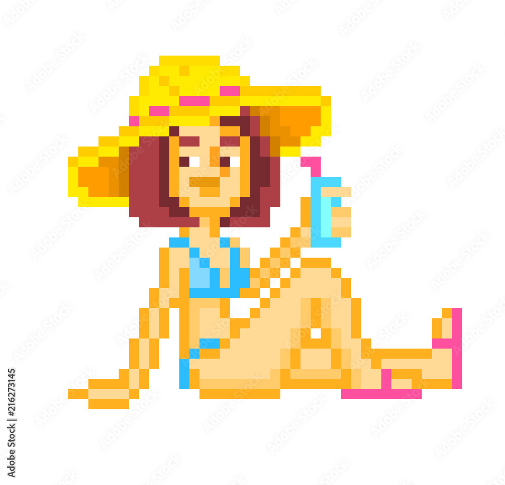 Relaxed girl in blue bikini and straw hat lying on a beach, sunbathing and  drinking water,