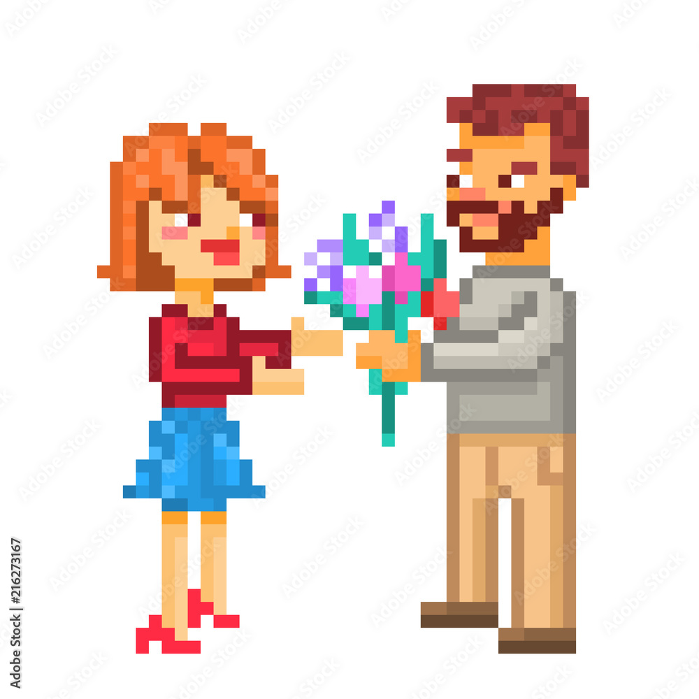 Fototapeta premium Happy couple on a date, pixel art illustration isolated on white background. 8 bit boyfriend and girlfriend meeting. Man giving flowers to a woman. Two lovers. Valentine's day present. Birthday gift.