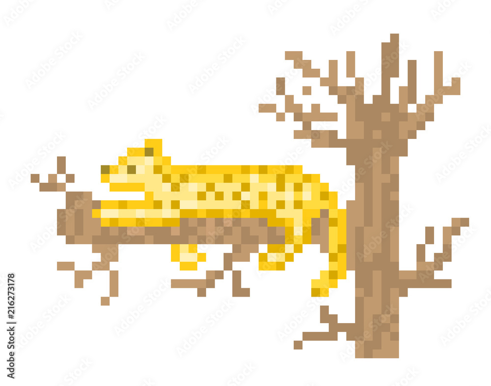 Leopard resting on a tree, cartoon pixel art character isolated on white  background. Wild cat, wildlife zoo carnivore. African safari animal scene.  Retro 80s; 90s slot machine/video game graphics. Stock Vector |