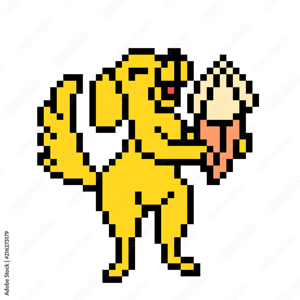 Happy yellow dog enjoying ice cream cone in the summer heat, cartoon pixel art character isolated on white background. Retro 80s; 90s slot machine/video game graphics. Funny street food logo. Happy yellow dog enjoying ice cream cone in the summer heat, cartoon pixel art character isolated on white background. Retro 80s; 90s slot machine/video game graphics. Funny street food logo.