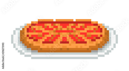 Cherry pie with a lattice top served on a plate, pixel art illustration isolated on white background. Bakery menu icon. Pastry recipe. Traditional American dessert. Sweet breakfast. Holiday treat.