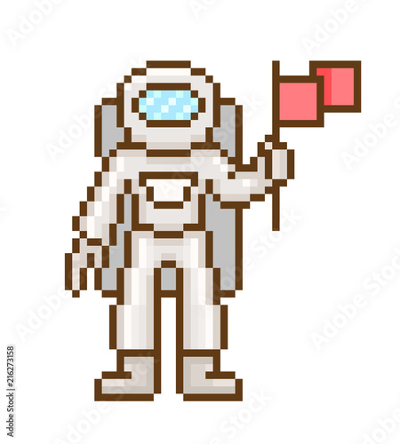 Astronaut in white space suit and helmet holding red flag, pixel art character isolated on white background. Retro 80s; 90s slot machine/video game graphics. Cosmic adventure hero. Astronomy mascot.