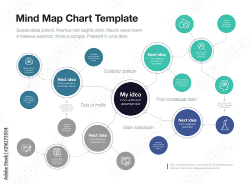 Simple infographic for mind map visualization template with colorful circles and several icons, isolated on light background. Easy to use for your website or presentation.