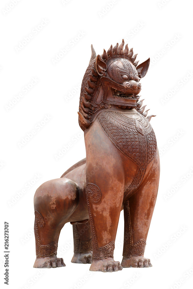Fototapeta premium Cambodian lion statue isolated on white background.